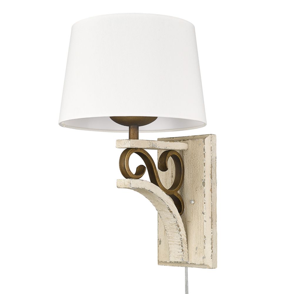Golden Lighting 1832-1W BC-CDW Solay 1 Light Wall Sconce (Plug-in or Hardwire) in Burnished Chestnut with Ivory Linen Shade
